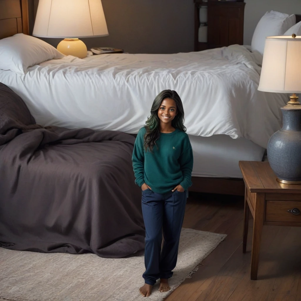 photorealistic illustration, magnificent, epic, majestic, dreamy, green hair, (dark skin), long straight hair, one (shrunken, miniature:1.6) woman, green eyes ,35-year-old mature, fit, oversized baggy sweater, loose baggy pants, bedroom background, ((standing on top of bed|desk)), wood floors, curtains, window, wood chair, messy room, pillows, lamp, (mischievous smile), <lora:shrunk_v1_xl_64:0.5>