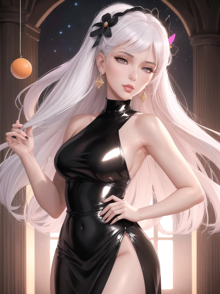 highres, highest quallity, 1girl, adult, (sexy, beautiful woman, perfect face, perfect eyes, perfect female body, kkw-h-bb)1.5, white_hair, orange_eyes, night, black dress, hair ornament, ball_room, kingdom, medieval, medium breasts, half-closed eyes, pink lips,