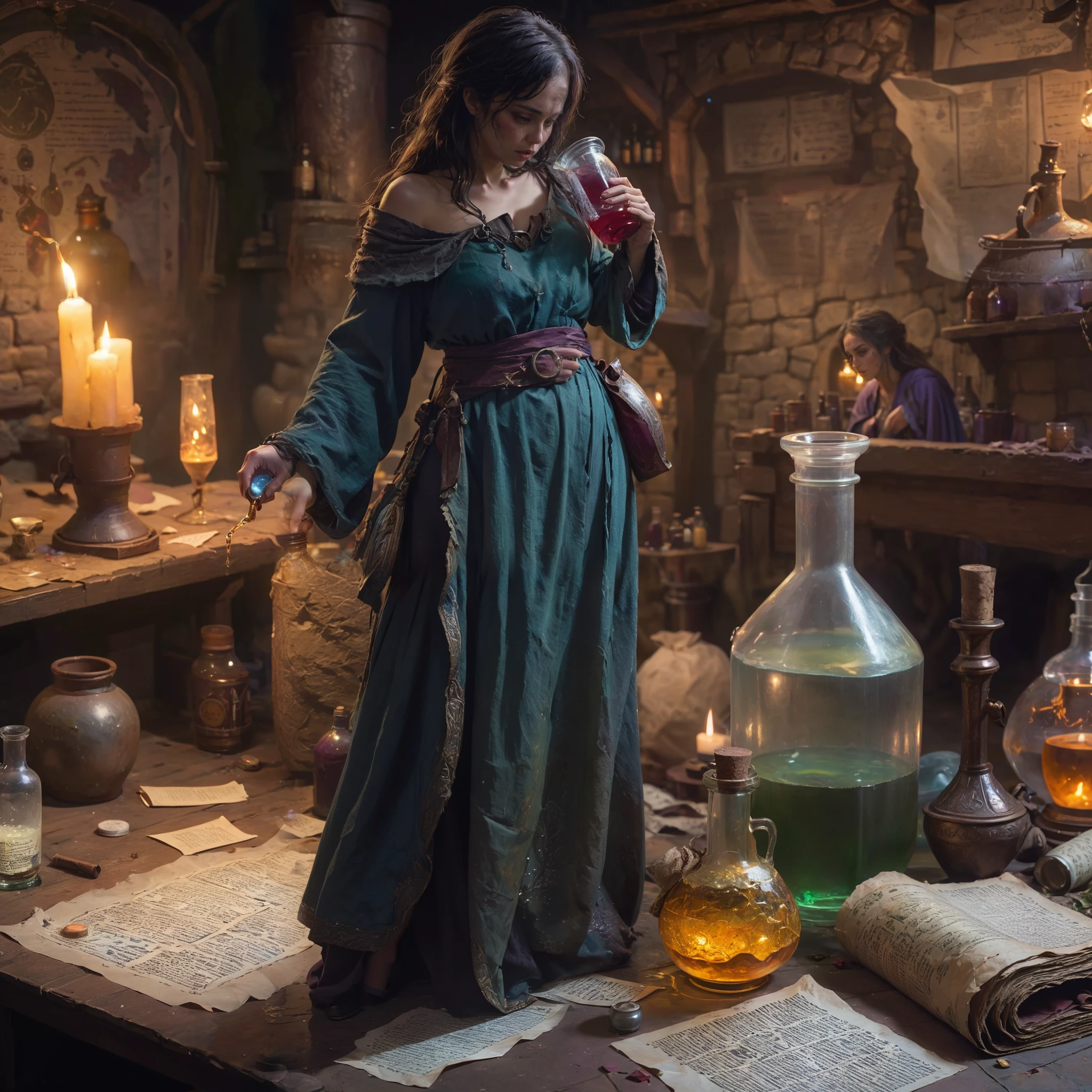 ((dirty)), highly detailed person, (shrunken:1.2,miniature:1.2), tiny 30 year old woman,  (very loose oversized baggy clothes), fantasy adventures party, broken cloth, dungeon, close-up, [woman drinking giant potion bottle],  woman next to magical paper scroll, woman next to potions bottle, UHD 8k wallpaper,  <lora:shrunk_v1_xl:0.1>
