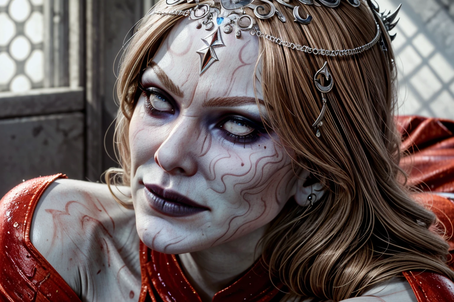 portrait evil creature in ornate silk head scarf clothing. Wearing many jeweled necklaces ,highly detailed::3 ,the lonely void of avoidant personality disorder, surreal, eerie, anti human, haunting, evocative, hyper detailed digital illustration by Hieronymus Bosch,insane detail,johfar bosschart, remedies varo, perfect exact rendering with precision, jewel tones palate , de castillo gótico, ambientación pelicula ,la bella y la Bestia, Iluminacion con velas, ventanal gótico con iluminacion a contraluz. muy ornamentado, estilo gótico tardío