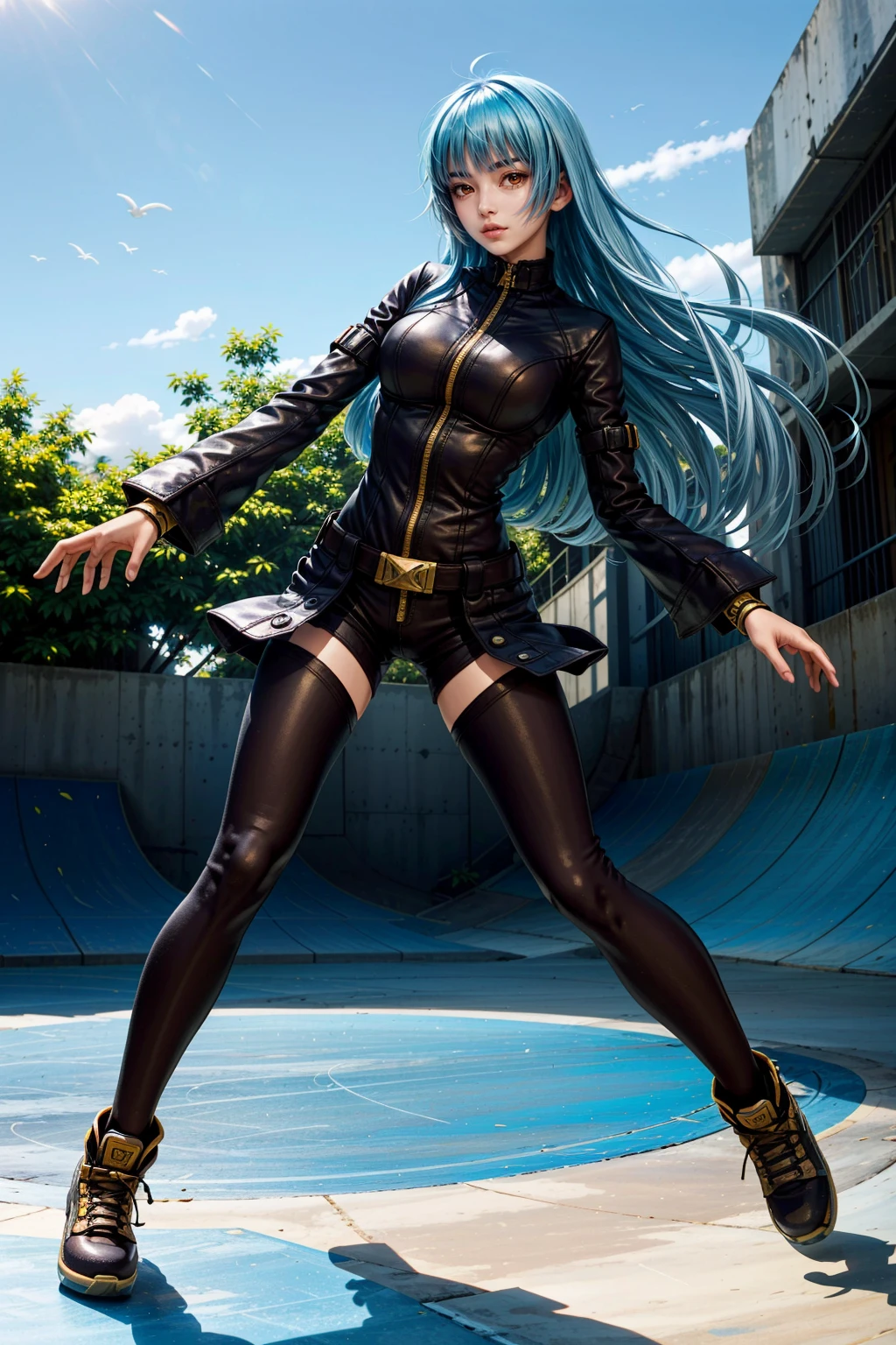 (masterpiece, best quality:1.3)
<lora:epi_noiseoffset2:1> <lora:add_detail:0.7> <lora:KOFKula:0.8>
KOFKula, 1girl, solo, blue hair, bangs, urban skate park, afternoon, vibrant and energetic with bright sunlight and dynamic shadows