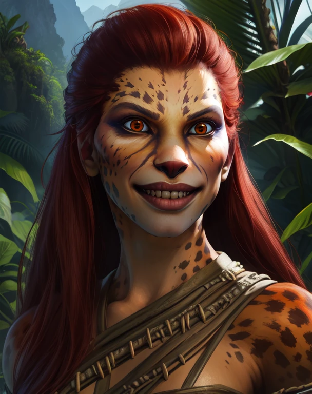 cheetahIJ2, red hair, brown eyes, furry female, fang,
tribal attire,
high mountain, jungle,
standing, upper, evil smile,
(insanely detailed, beautiful detailed face, masterpiece, best quality) solo, <lora:cheetah:0.8>
