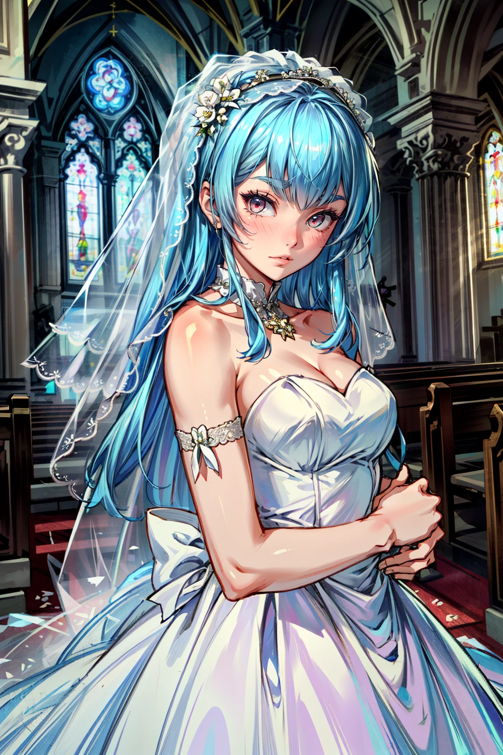 (masterpiece, best quality:1.3)
<lora:epi_noiseoffset2:1> <lora:add_detail:0.7>  <lora:KOFKula:0.8>
KOFKula, 1girl, solo, blue hair, bangs, wearing a wedding dress, bridal veil, inside a church