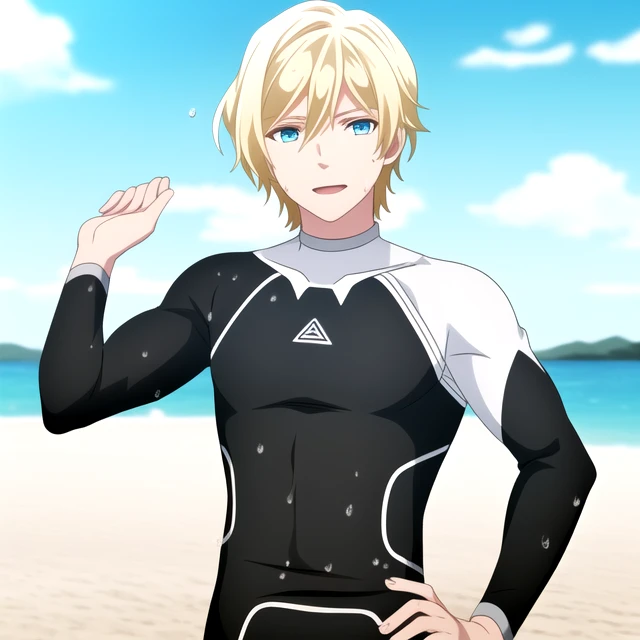 high quality, highres, absurdres, nsfw, (1boy, solo focus, muscular male), bodysuit, black and white wetsuit, blue eyes, blonde hair, sho akitsuki <lora:Sho_Akitsuki_v2:0.7> , (arms at sides, wet, wet hair, sweat), beach, facing viewer, looking at viewer,