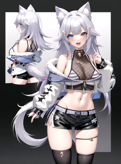 best quality, (masterpiece),(ultra-detailed), (high quality), (high resolution), <lora:nephtunie:0.7>,1girl, ;q, animal ear fluff, animal ears, animal on head, asymmetrical legwear, bare shoulders, bell, birthday, blue eyes, blue nails, blush, breasts, cat ears, crop top, cropped jacket, fang, fishnets, fur trim, hair ornament, heterochromia, jacket, long hair, looking at viewer, looking down, midriff, multiple views, nail polish, navel, neck bell, nephtunie, off shoulder, open mouth, shirt, shorts, smile, socks, striped, striped bikini, tail, tongue, uneven legwear, virtual youtuber, white hair