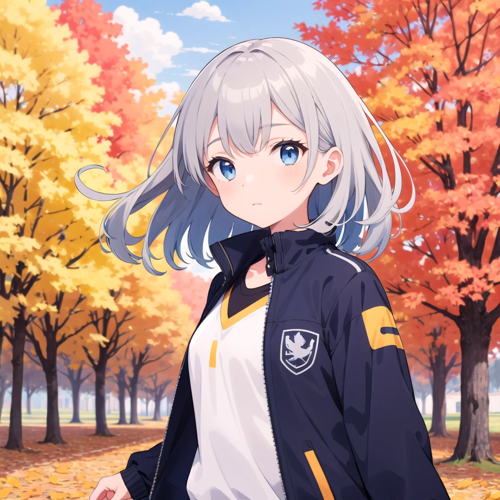 extremely detailed, detailed background, 1girl, solo, autumn, Beautiful light, wind, leaves changing color, grey hair, medium hair, blue eyes, floating hair, shirt, jacket,