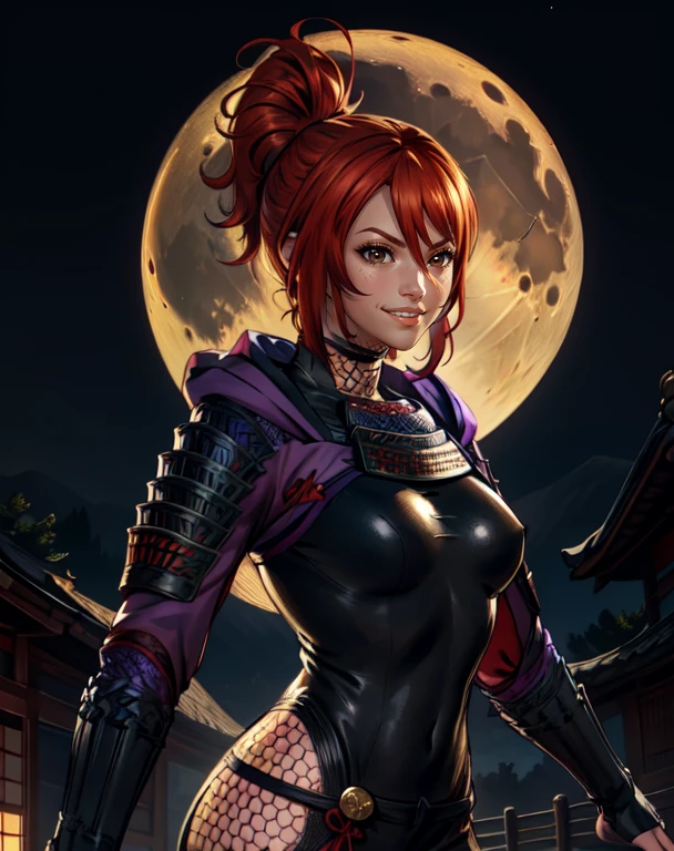 Mitsuki, red hair, ponytail, bangs, brown eyes, standing, smiling, solo, upper body,
tight black bodysuit, fingerless gloves, hood down, fishnets, fishnets, kunai strap, on Japanese building, nighttime, moon, Sengoku period, (insanely detailed, beautiful detailed face, masterpiece, best quality) <lora:Mitsuki-10v5:0.7>