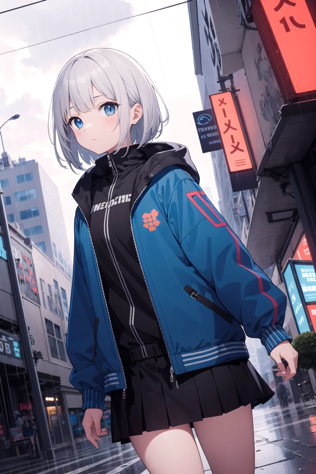 extremely detailed, detailed background, 1girl, solo, rain, Beautiful light, dutch angle, cyberpunk, grey hair, medium hair, blue eyes, floating hair, jacket,