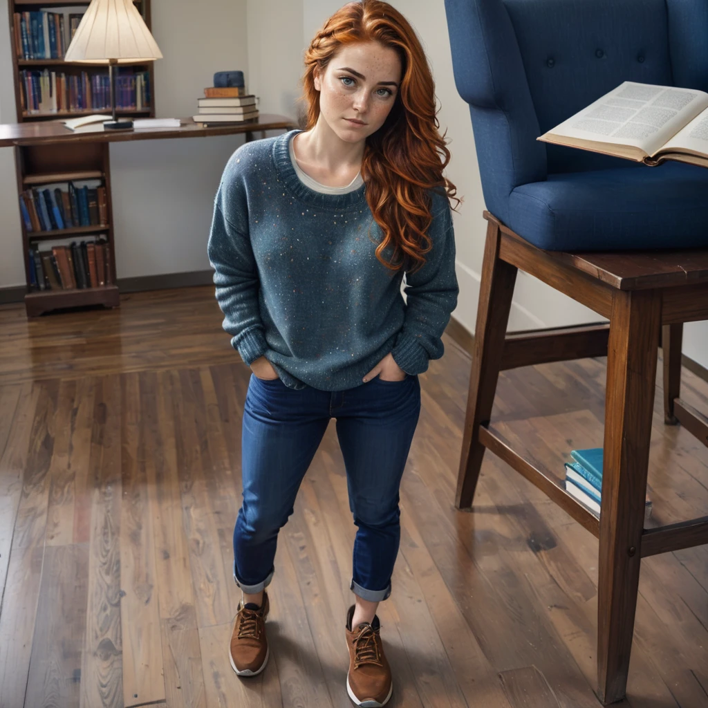 photorealistic illustration, magnificent, epic, majestic, dreamy, green hair, freckled skin, long braided hair, illustration involving two women, one  (shrunken:1.6, miniature:1.6) woman,35-year-old mature, fit, oversized blue baggy sweater, loose baggy pants, in school library, (woman standing on library desk),  pencil, woman next to notebook on desk, water bottle, wood floors, windows, wood chair, library shelves in background, lamp, stack of books on desk, (slight frown), and one tall [curvy]  woman wearing sweater and jeans standing on floor,  <lora:shrunk_v1_xl_64:0.2>