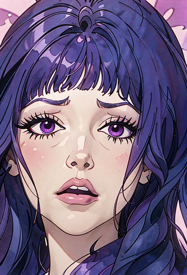 <lora:jeannebelladonna:0.6> 1girl, jeannabelladonna, solo, bangs, purple hair, street, portrait