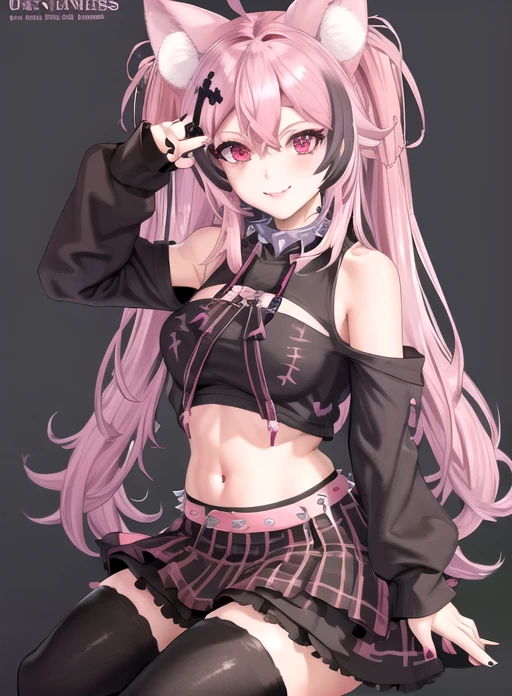 Extremely sexy girl with ahegao face with long pink hair, wearing a black top with a sweetheart cutout in the middle. She wears a black pleated skirt with white stripes and black stockings., she is getting ready for sex on the bed