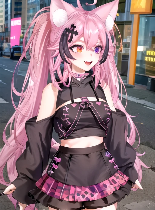 best quality, (masterpiece),(ultra-detailed), (high quality), (high resolution), <lora:suwievt:0.7> ,1girl, ahoge, animal ear fluff, animal ears, artist name, bangs, black hair, black nails, cat ears, cat tail, closed mouth, clothing cutout, collar, cross hair ornament, dog ears, hair between eyes, hair ornament, heterochromia, hoodie, long hair, looking up, monster energy, multicolored hair, open mouth, pink hair, pink skirt, purple hair, smile, solo, spikes, streaked hair, suwie, symbol-shaped pupils, twintails, v, virtual youtuber