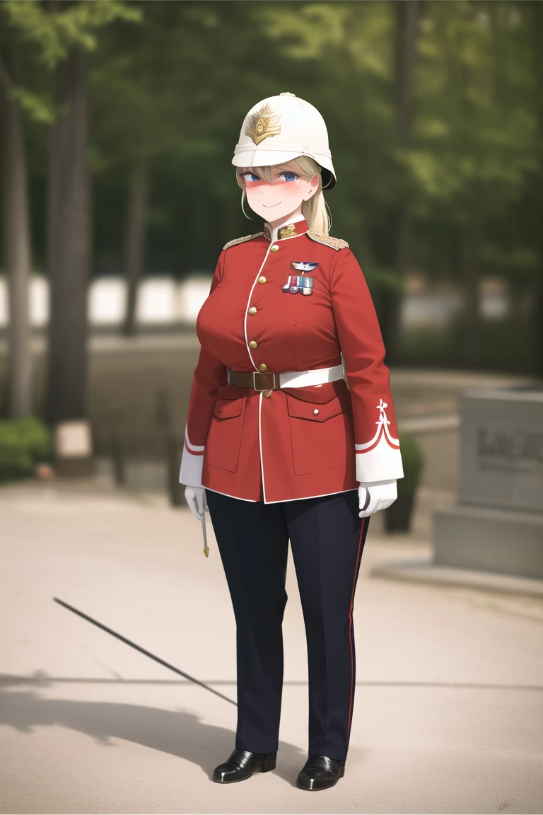 masterpiece, best quality, absurdres, high resolution, extremely detailed, 1girl, solo, <lora:redcoatv2:0.75>,military_uniform, uniform, standing,military_uniform, military, uniform, red_jacket, black pith helmet,safari helmet,sun helmet,home service helmet,redcoat,military_uniform, victorianera,blonde long wavy hair, blue eyes, smug, full-face blush, large breasts, wide hips, narrow waist, <lora:shi2:1>, saber,
