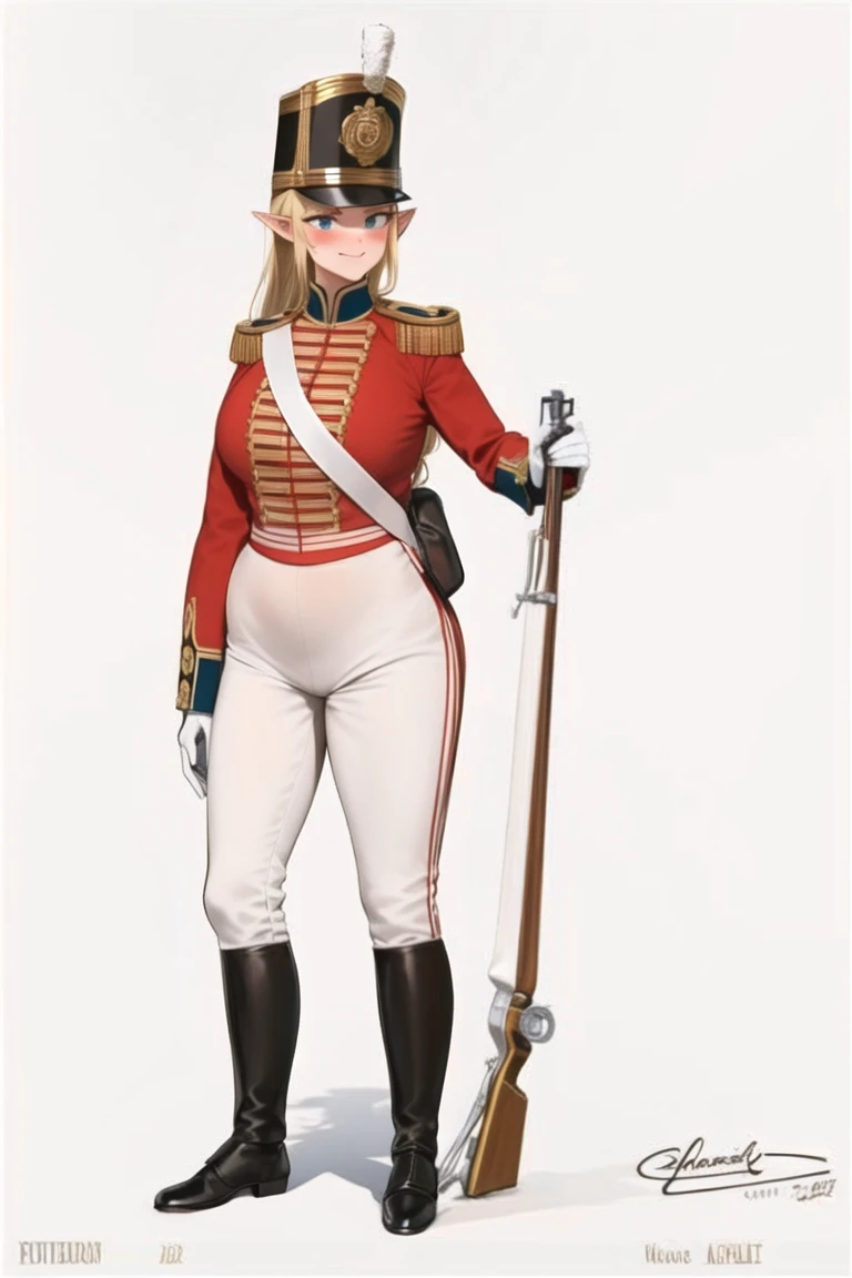 masterpiece, best quality, absurdres, high resolution, extremely detailed, 1girl, <lora:redcoatv2:0.75>,military_uniform, uniform, standing, hat, epaulettes ,military, white_pants, red_jacket,shako hat, white pants,napoleonera, regiment of foot,redcoat, red and white hackle, red and white plume, blonde long wavy hair, blue eyes, smug, full-face blush,(( large breasts, huge breasts, wide hips, narrow waist,)) elf,pointy ears, <lora:mashu style-03:0.8>,