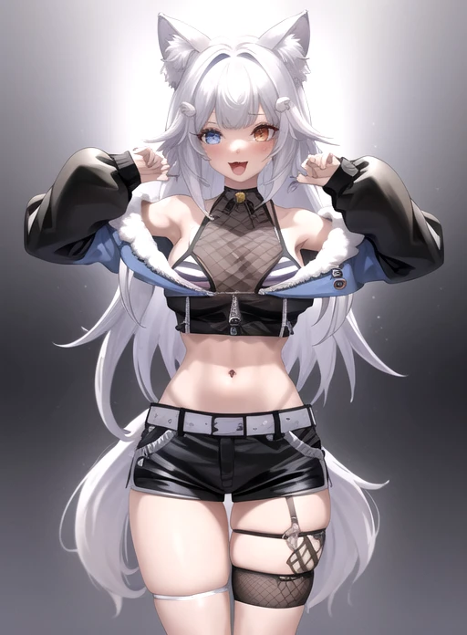 best quality, (masterpiece),(ultra-detailed), (high quality), (high resolution), <lora:nephtunie:0.7>,1girl, ;q, animal ear fluff, animal ears, animal on head, asymmetrical legwear, bare shoulders, bell, birthday, blue eyes, blue nails, blush, breasts, cat ears, crop top, cropped jacket, fang, fishnets, fur trim, hair ornament, heterochromia, jacket, long hair, looking at viewer, looking down, midriff, multiple views, nail polish, navel, neck bell, nephtunie, off shoulder, open mouth, shirt, shorts, smile, socks, striped, striped bikini, tail, tongue, uneven legwear, virtual youtuber, white hair