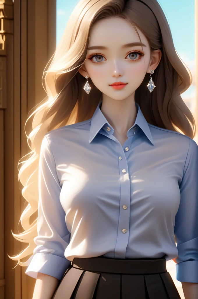 (masterpiece,best quality:1.5),ultra realistic,32k,RAW photo,(high detailed skin:1.2), 8k uhd, dslr, soft lighting, high quality, film grain,Side lighting ,(ðï¸,ð),ð,ð¹, pencil skirt , button down shirt ,pretty lady , royal style, diamond accessories,, anime