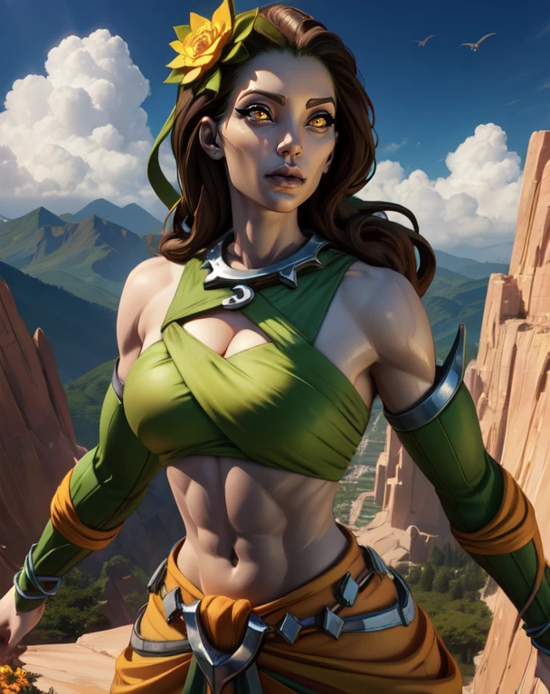Inara, long brown hair,grey skin ,yellow eyes,lips , abs, solo, upper body, 
flower hair ornament ,midriff,bare shoulders,detached sleeves ,long skirt,jewelry , high mountains, cloud, cleavage cutout, (insanely detailed, beautiful detailed face, masterpiece, beautiful detailed eyes, best quality) 
 <lora:Inara-10v5:0.7>