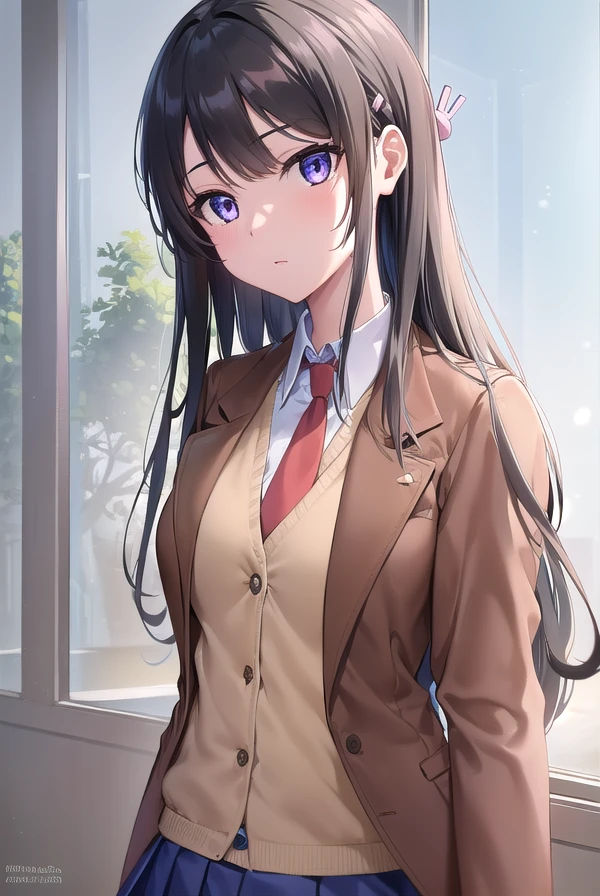 maisakurajima, <lora:maisakurajima-lora-nochekaiser:1>,
sakurajima mai, long hair, bangs, (black hair:1.5), hair ornament, (purple eyes:1.1), hairclip, rabbit hair ornament,
BREAK skirt, shirt, school uniform, white shirt, short sleeves, pantyhose, pleated skirt, collared shirt, blue skirt, black pantyhose, red necktie, jacket, (brown jacket:1.5),
BREAK indoors, classroom,
BREAK looking at viewer, (cowboy shot:1.5),
BREAK <lyco:GoodHands-beta2:1>, (masterpiece:1.2), best quality, high resolution, unity 8k wallpaper, (illustration:0.8), (beautiful detailed eyes:1.6), extremely detailed face, perfect lighting, extremely detailed CG, (perfect hands, perfect anatomy),