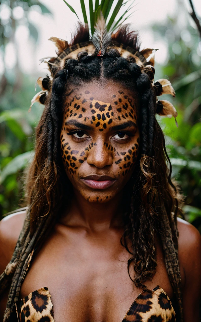 raw photo, photorealistic, intricate, photo of beautiful african woman, wavy hair, oily hair, full leopard war face paint, (ancient tribe outfit), leopard fur, ancient tribe headdress, angry, in rainy tropical forest, detailed texture, (torn, dirty, rain, dirt), low key, upper body close up, rim lighting, film grain, grainy photo, leopard ancient tribe thematic photo, motion blur, horror cinematic LUT