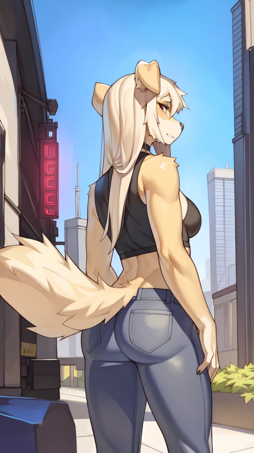 (by telson:1.1),by zeekzag,by chelodoy,masterpiece,best quality,city,rear view,golden retriever,athletic,medium breasts,looking back,long hair,jeans,shirt,fluffy tail