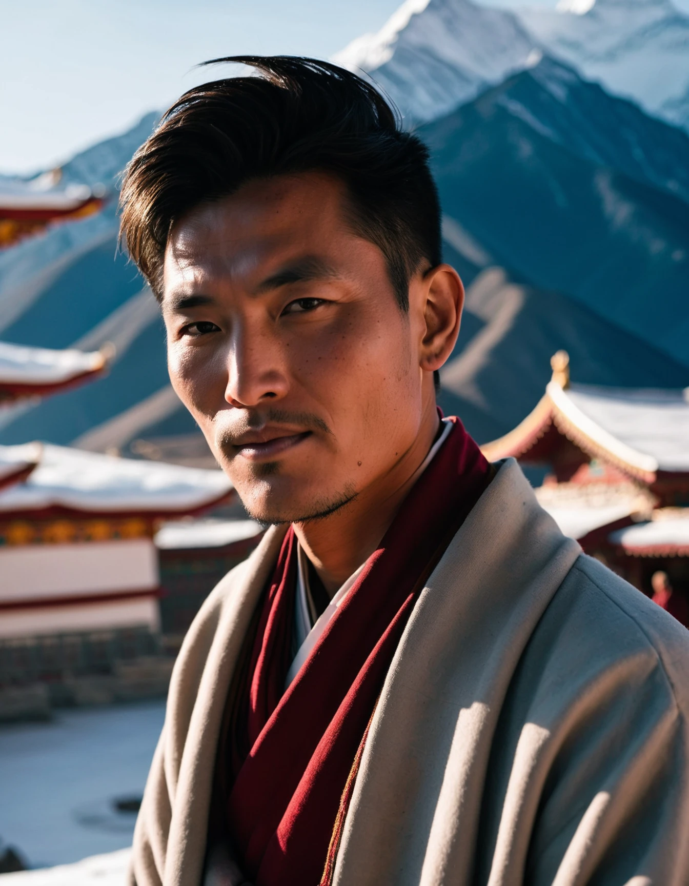 cinematic photo Embracing the serenity of a remote Tibetan monastery, ((man)) is captured in a meditative trance as sunrise paints the snow-capped mountains with hues of g60 years old. . 35mm photograph, film, bokeh, professional, 4k, highly detailed