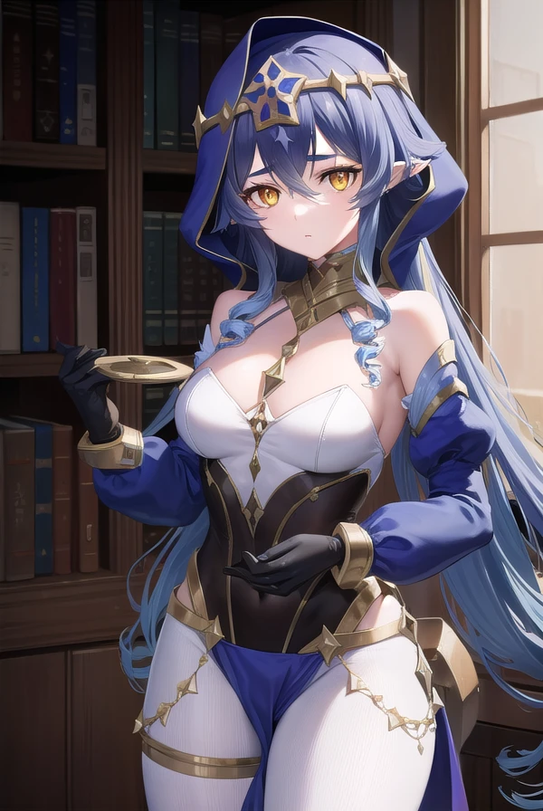 layla, <lora:layla-lora-nochekaiser:1>,
layla, blue hair, bright pupils, drill hair, drill sidelocks, hair between eyes, long hair, pointy ears, sidelocks, (yellow eyes:1.5),
BREAK bare shoulders, black gloves, blue hood, claw ring, detached sleeves, gloves, hood, jewelry, long sleeves, pantyhose, puffy sleeves, white pantyhose,
BREAK indoors, library,
BREAK looking at viewer, (cowboy shot:1.5),
BREAK <lyco:GoodHands-beta2:1>, (masterpiece:1.2), best quality, high resolution, unity 8k wallpaper, (illustration:0.8), (beautiful detailed eyes:1.6), extremely detailed face, perfect lighting, extremely detailed CG, (perfect hands, perfect anatomy),