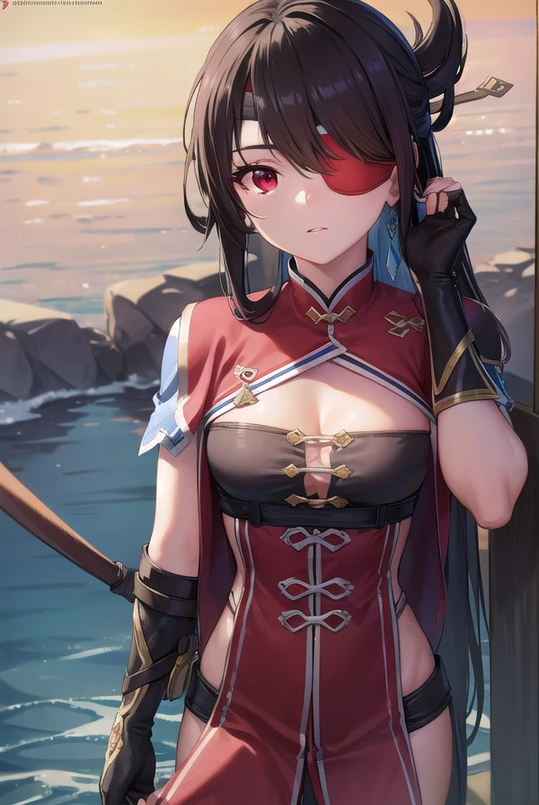 beidou, <lora:beidou-lora-nochekaiser:1>,
beidou, black hair, (eyepatch:1.5), hair ornament, hair over one eye, hair stick, long hair, one eye covered, (red eyes:1.5), (small breasts:1.2),
BREAK black gloves, boots, capelet, cleavage, fingerless gloves, gloves, high heel boots, high heels, highleg, highleg leotard, leotard, thigh boots, (pelvic curtain:1.5),
BREAK outdoors, sea,
BREAK looking at viewer, (cowboy shot:1.5),
BREAK <lyco:GoodHands-beta2:1>, (masterpiece:1.2), best quality, high resolution, unity 8k wallpaper, (illustration:0.8), (beautiful detailed eyes:1.6), extremely detailed face, perfect lighting, extremely detailed CG, (perfect hands, perfect anatomy),