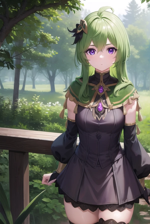 collei, <lora:collei-lora-nochekaiser:1>,
collei, crossed bangs, green hair, hair ornament, medium hair, (purple eyes:1.1), sidelocks,
BREAK black gloves, black skirt, black straps, bridal gauntlets, brown thighhighs, capelet, detached sleeves, gem, gloves, green capelet, green gemstone, jewelry, long sleeves, puffy long sleeves, puffy sleeves, shirt, skirt, sleeveless, sleeveless shirt, thighhighs, zettai ryouiki
BREAK outdoors, nature, forest,
BREAK looking at viewer, (cowboy shot:1.5), upper body,
BREAK <lyco:GoodHands-beta2:1>, (masterpiece:1.2), best quality, high resolution, unity 8k wallpaper, (illustration:0.8), (beautiful detailed eyes:1.6), extremely detailed face, perfect lighting, extremely detailed CG, (perfect hands, perfect anatomy),