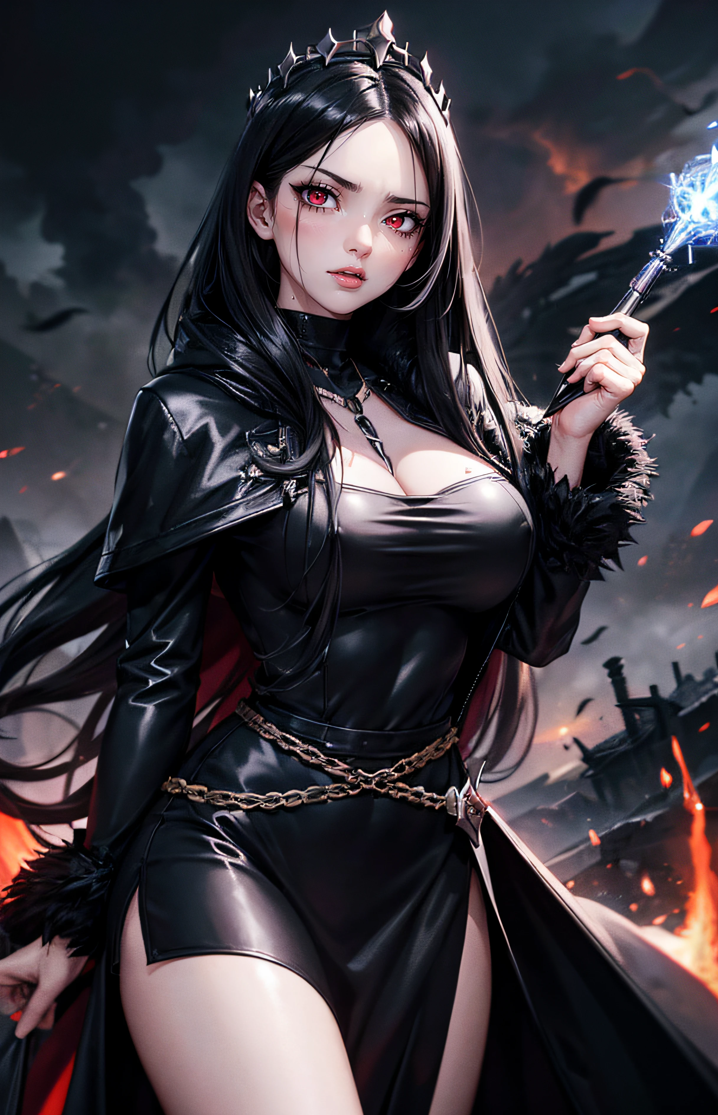 ((1girl)), long black hair, (red eyes), long black dress, sorceress clothing, black and red metal necklace, sexy body, upset facial expression, apocalyptic fantasy landscape, science fiction, cinematic blur, dynamic lights, witch, (black eye iris) red eyes, real, crown, white skin, muscular, magic wand in hand, book of curses in hand, fire, battlefield, torn dress, dark sky, purple clouds, black feather coat, big coat, elegant fur coat, black coat, (masterpiece, best quality, hires, high quality, by professional artist, ultra detailed, extremely detailed, absurdres, incredibly resolution:1.2)