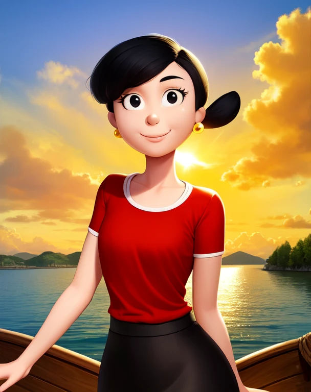 OliveOyl, short black hair with ponytail, black eyes, solo, upper body ,
red shirt , black long skirt, small earrings,
standing,
smiling, waterboat, sunny, clouds,
(insanely detailed, beautiful detailed face, masterpiece, best quality)
<lora:OliveOyl-10v5:0.7>