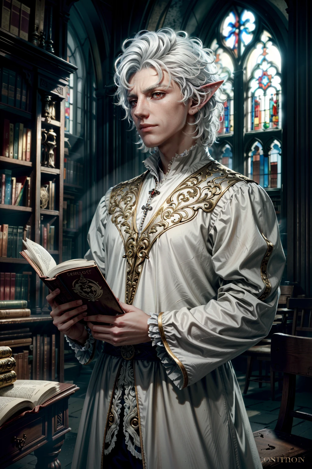 (masterpiece, best quality:1.3) 
<lora:epi_noiseoffset2:1> <lora:add_detail:0.7>  <lora:BGAstarion:0.7>
BGAstarion, 1boy, solo, white hair, red eyes, pointy ears, medium shot , ancient library, afternoon, quiet and atmospheric with soft, warm light filtering through stained glass windows