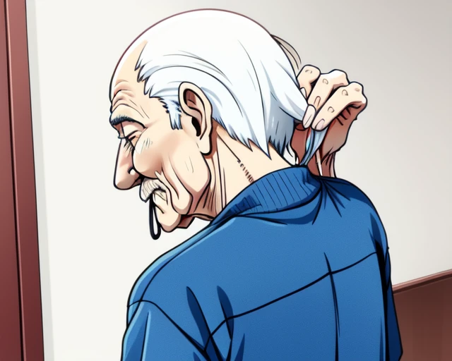 <lora:adjusting_hair_v2:0.5>, hair_tie_in_mouth, adjusting_hair, holding_hair, 96years old man aged up, unaji, from back