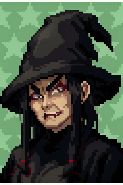 <lora:SNES Super Punch Out Portraits V2-000003:0.9> super_punch_out_portrait, white border, star_patterned_background, boxing glove, green background, witch, black robe, (pointy black hat:1.2), stereotypical Halloween witch, ugly, wart on face, jacked up teeth, masterpiece, highest quality, highest quality visuals, highest details