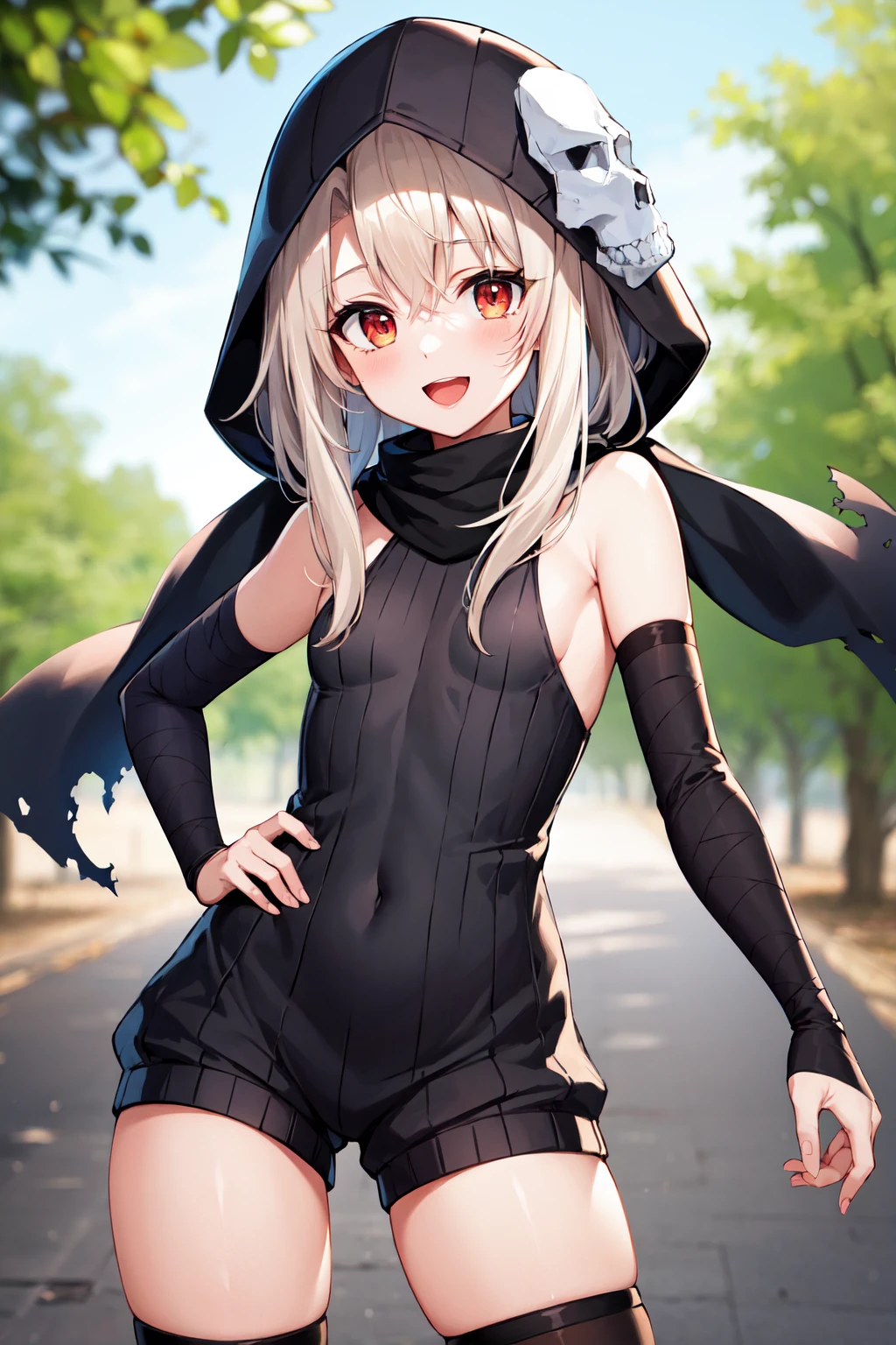 masterpiece, best quality, highres, aaillya, small breasts, hood up, skull mask, torn scarf, black scarf, bare shoulders, short jumpsuit, arm wrap, single thighhigh, black thighhighs, <lora:illyasviel_von_einzbern_(fate_kaleid_liner)_v1:0.7>, outdoors, hand on hip, open mouth, smile, cowboy shot,