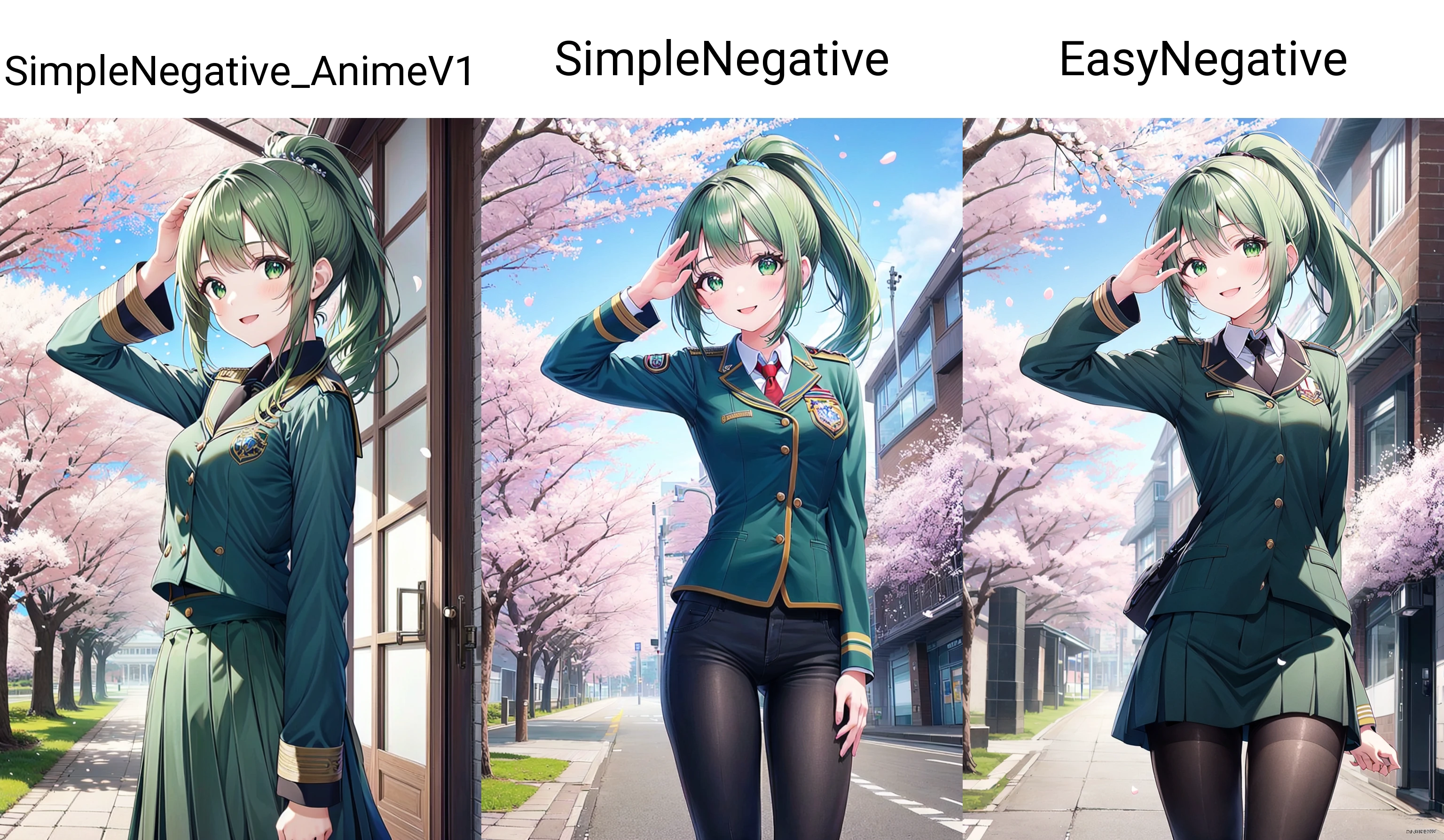 1girl, solo, album cover, green hair, ponytail hair, dark green eyes, small breasts, school uniform, arm up, door, prism, building , happy, nice hands, standing, petals, cherry blossoms