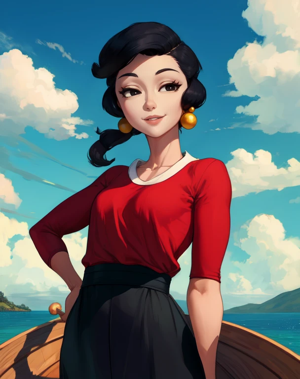 OliveOyl, short black hair with ponytail, black eyes, solo, upper body ,
red shirt , black long skirt, small earrings,
standing,    hips, 
smiling, waterboat,  sunny, clouds,
 (insanely detailed, beautiful detailed face, masterpiece, best quality)
 <lora:OliveOyl-10v5:0.7>