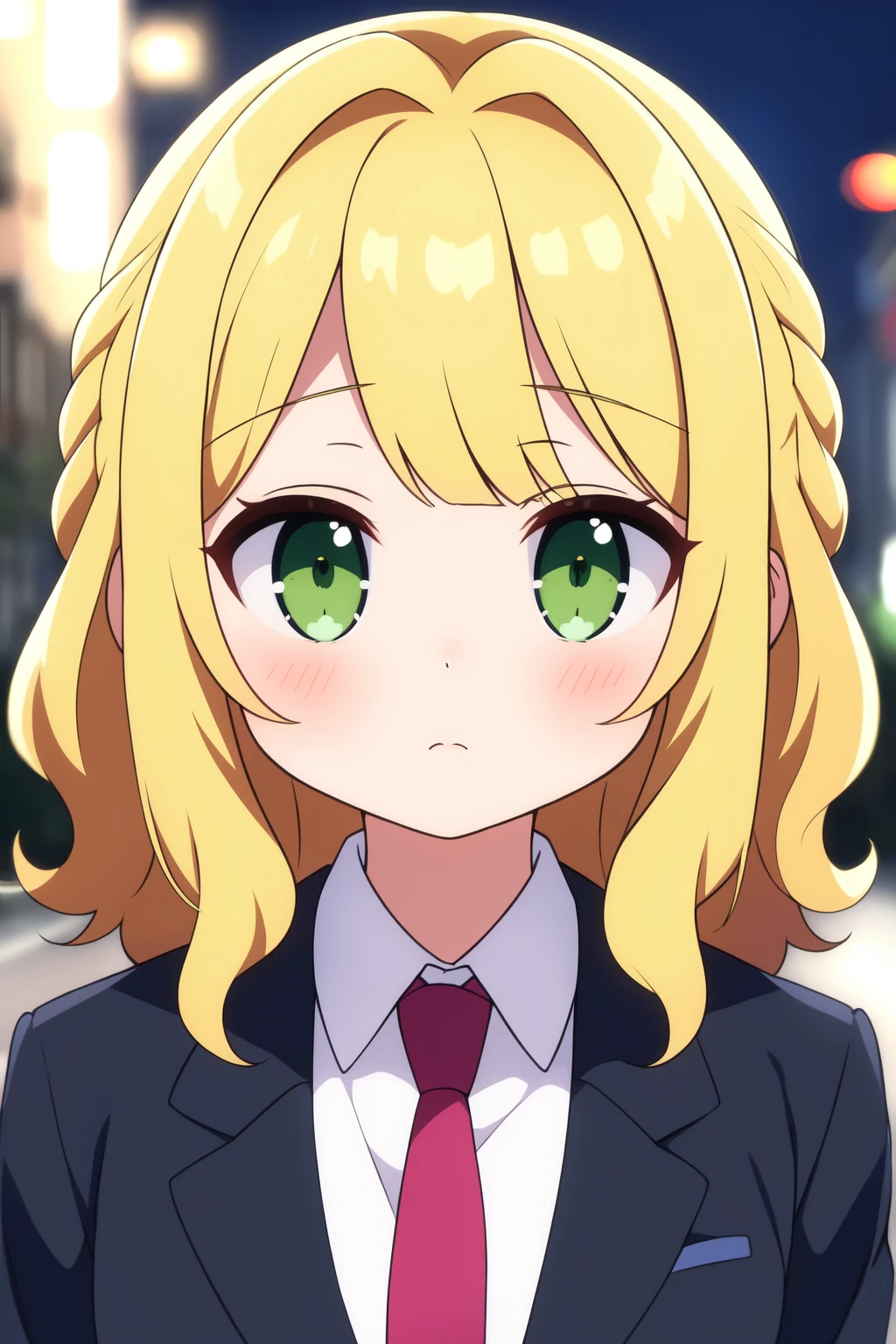 masterpiece, best quality, cute, kawaii, anime screencap,
medium hair, wavy hair, blonde hair, green eyes, swept bangs, shirt, braid, suit jacket, hairpin, necktie,
depth of field, street, bokeh, night, portrait,