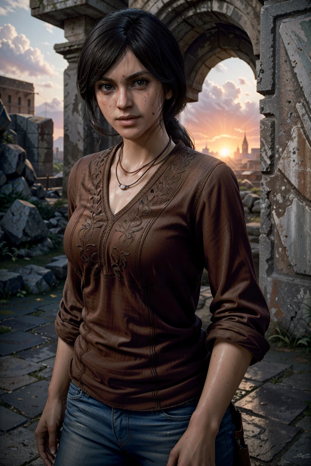 (masterpiece, best quality:1.3)
<lora:epi_noiseoffset2:1> <lora:add_detail:0.7> <lora:UnchartedChloeFrazer:0.8>
UnchartedChloeFrazer, 1girl, solo, long hair, realistic, ancient stone fortress, sunset, grand and historic with warm light bathing ancient walls behind, 8k, concept art, historical