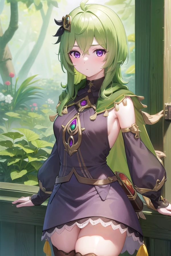 collei, <lora:collei-lora-nochekaiser:1>,
collei, crossed bangs, green hair, hair ornament, medium hair, (purple eyes:1.1), sidelocks,
BREAK black gloves, black skirt, black straps, bridal gauntlets, brown thighhighs, capelet, detached sleeves, gem, gloves, green capelet, green gemstone, jewelry, long sleeves, puffy long sleeves, puffy sleeves, shirt, skirt, sleeveless, sleeveless shirt, thighhighs, zettai ryouiki
BREAK outdoors, nature, forest,
BREAK looking at viewer, (cowboy shot:1.5), upper body,
BREAK <lyco:GoodHands-beta2:1>, (masterpiece:1.2), best quality, high resolution, unity 8k wallpaper, (illustration:0.8), (beautiful detailed eyes:1.6), extremely detailed face, perfect lighting, extremely detailed CG, (perfect hands, perfect anatomy),