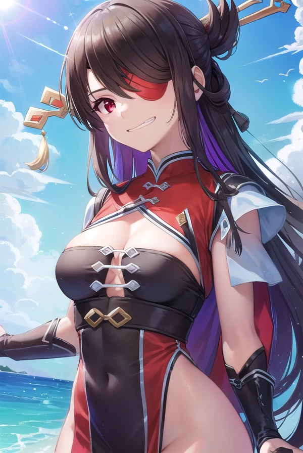beidou, <lora:beidou-lora-nochekaiser:1>,
beidou, black hair, (eyepatch:1.5), hair ornament, hair over one eye, hair stick, long hair, one eye covered, (red eyes:1.5), (small breasts:1.2), <lora:talkmouth_I_v100:1>,
BREAK black gloves, boots, capelet, cleavage, fingerless gloves, gloves, high heel boots, high heels, highleg, highleg leotard, leotard, thigh boots, (pelvic curtain:1.5),
BREAK outdoors, sea,
BREAK looking at viewer, (cowboy shot:1.5),
BREAK <lyco:GoodHands-beta2:1>, (masterpiece:1.2), best quality, high resolution, unity 8k wallpaper, (illustration:0.8), (beautiful detailed eyes:1.6), extremely detailed face, perfect lighting, extremely detailed CG, (perfect hands, perfect anatomy),