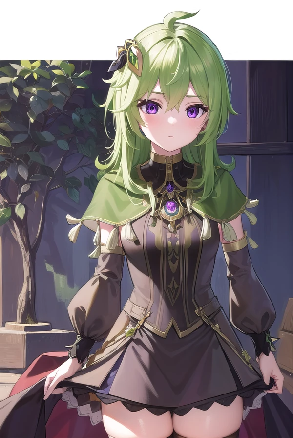 collei, <lora:collei-lora-nochekaiser:1>,
collei, crossed bangs, green hair, hair ornament, medium hair, (purple eyes:1.1), sidelocks,
BREAK black gloves, black skirt, black straps, bridal gauntlets, brown thighhighs, capelet, detached sleeves, gem, gloves, green capelet, green gemstone, jewelry, long sleeves, puffy long sleeves, puffy sleeves, shirt, skirt, sleeveless, sleeveless shirt, thighhighs, zettai ryouiki
BREAK outdoors, nature, forest,
BREAK looking at viewer, (cowboy shot:1.5),
BREAK <lyco:GoodHands-beta2:1>, (masterpiece:1.2), best quality, high resolution, unity 8k wallpaper, (illustration:0.8), (beautiful detailed eyes:1.6), extremely detailed face, perfect lighting, extremely detailed CG, (perfect hands, perfect anatomy),