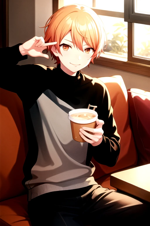 <lora:Tsukasa3rd-07:0.7>, tsukasa3rd, smile, shirt, holding, hair between eyes, sitting, food, pants, indoors, orange hair, sweater, cup, black shirt, window, feet out of frame, turtleneck, eating, stuffed toy, table, stuffed animal, holding food, couch, lens flare, :t, white pants, food on face, brown shirt, black sweater, grey pants, brown sweater