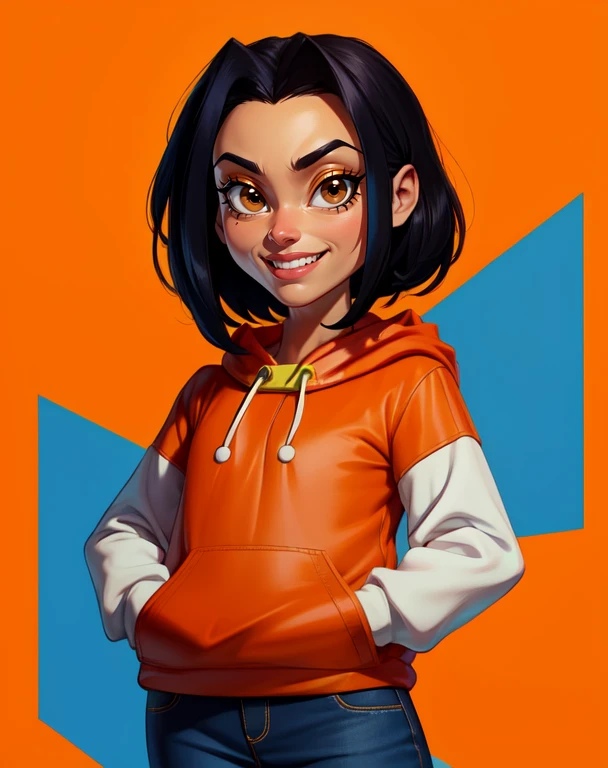 jadechan,short black hair,brown eyes,hands in pockets,upper body,smiling,
orange short sleeved hoodie,white long sleeves,hood down,sneakers,blue pants,cartoon Hong Kong,morning,(insanely detailed, beautiful detailed face, masterpiece, best quality) <lora:JadeChan-10v6:0.8> solo,