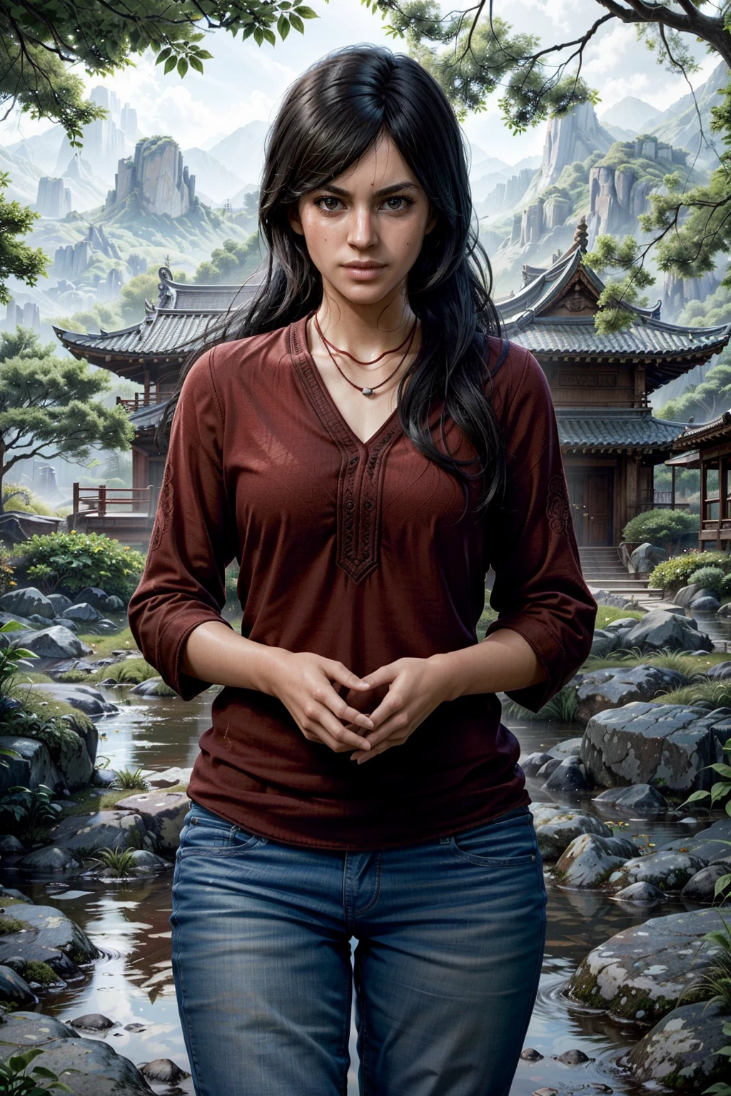 (masterpiece, best quality:1.3)
<lora:epi_noiseoffset2:1> <lora:add_detail:0.7> <lora:UnchartedChloeFrazer:0.8>
UnchartedChloeFrazer, 1girl, solo, long hair, realistic, cowboy shot , tranquil Zen temple, midday, serene and harmonious with sunlight reflecting on peaceful gardens and haystapes