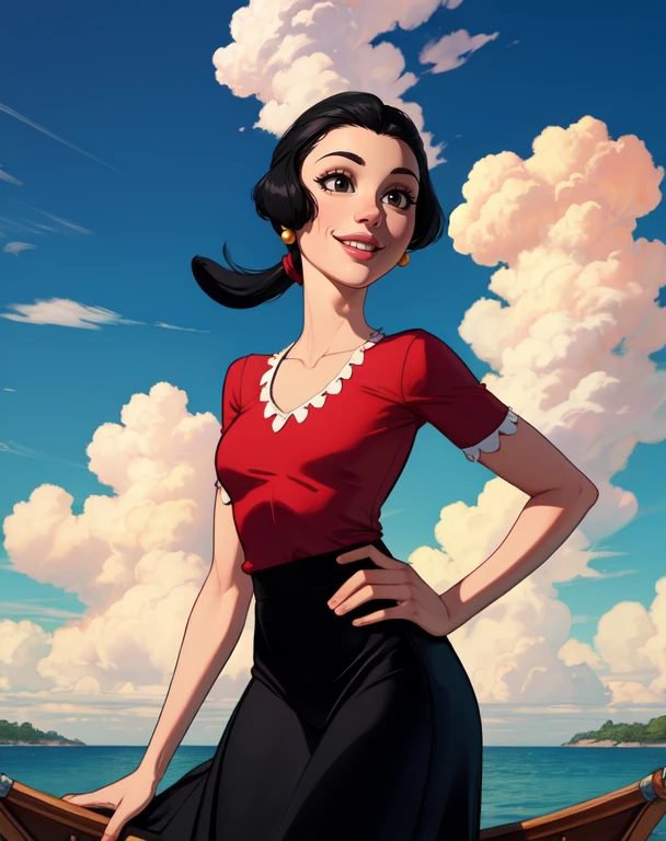 OliveOyl, short black hair with ponytail, black eyes, solo, upper body ,
red shirt , black long skirt, small earrings,
standing, hips,
smiling, waterboat, sunny, clouds,
(insanely detailed, beautiful detailed face, masterpiece, best quality)
<lora:OliveOyl-10v5:0.7>
