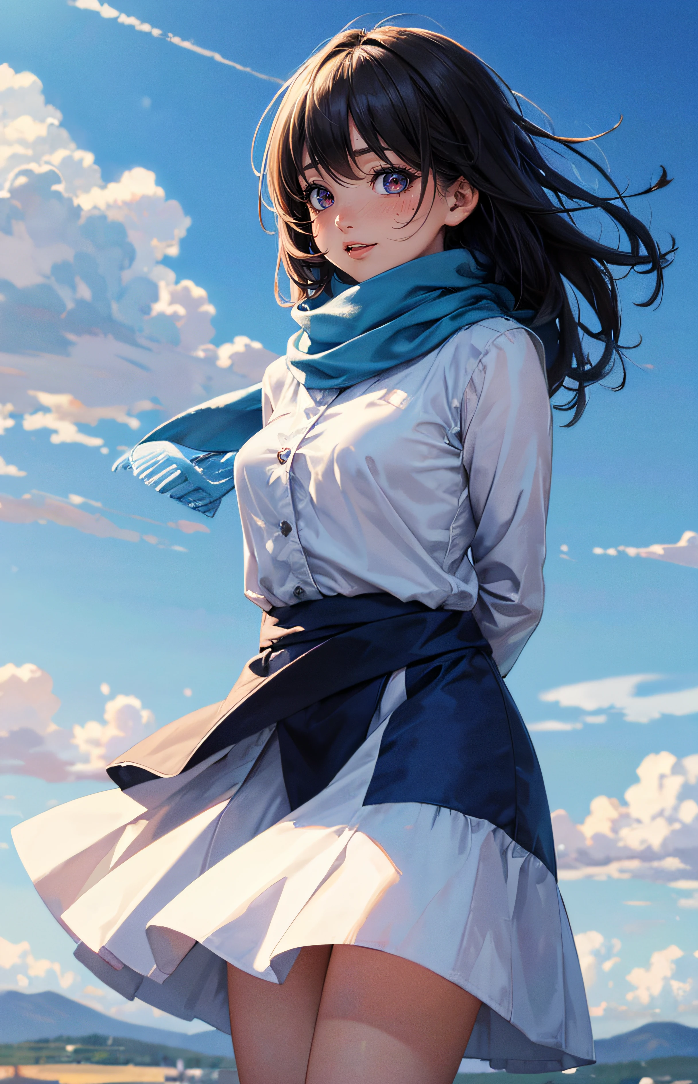 1girl, solo, sky, blue sky, impressionism, scenery, wind, scarf, light smile, arms behind back, clouds, wide shot, (masterpiece, best quality, hires, high quality, by professional artist, ultra detailed, extremely detailed, absurdres, incredibly resolution:1.2)