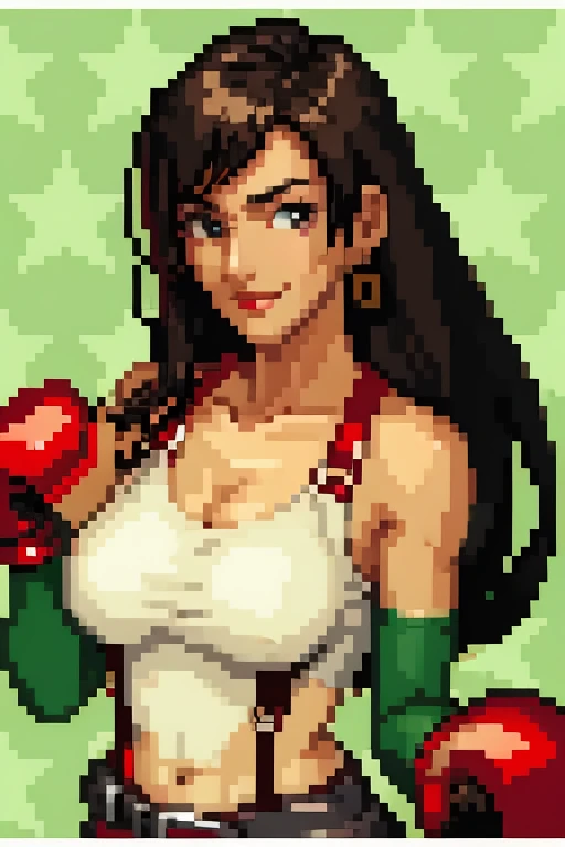 <lora:SNES Super Punch Out Portraits V2-000003:0.9> super_punch_out_portrait, white border, star_patterned_background, boxing glove, green background, <lora:tifa-nvwls-v1-final:0.75> breasts, looking at viewer, smile, fingerless gloves, suspenders, belt, closed mouth, collarbone, tifa lockhart, arm guards, pencil skirt, parted lips, bare shoulders, standing, (portrait:1.4), masterpiece, highest quality, highest quality visuals, highest details