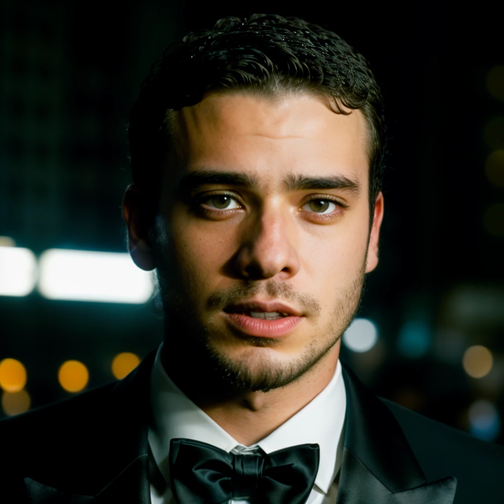face portrait of andre_anaya person using a tuxedo, in blade runner, professional photography, high resolution, 4k, detailed photo, <lora:andre_anaya_13500:1>