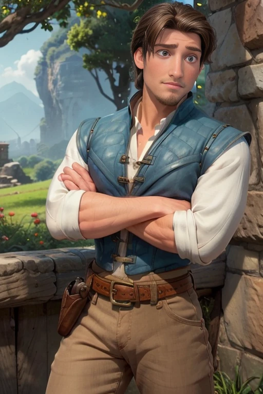 flynn_rider, muscular, brown hair, goatee, shirt, sleeves rolled up, blue chest, hairy chest, landscape, belt, pants, <lora:flynn_rider:0.7>