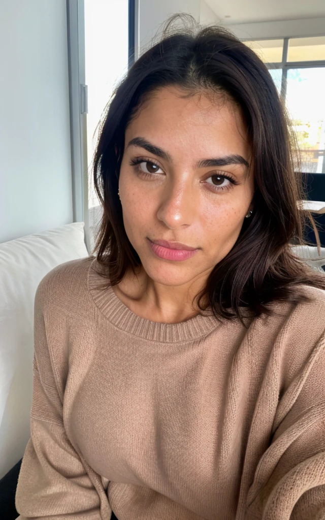 photorealistic, sharp focus, raw photo, amateur photo, beautiful 29 y.o latina-spanish girl, take a selfie, no panties, oversized sweater, detailed skin pores & face texture, pores, (goosebumbs:0.7), dynamic pose, looking at viewer, face focus, taken with mobile cam, film grain